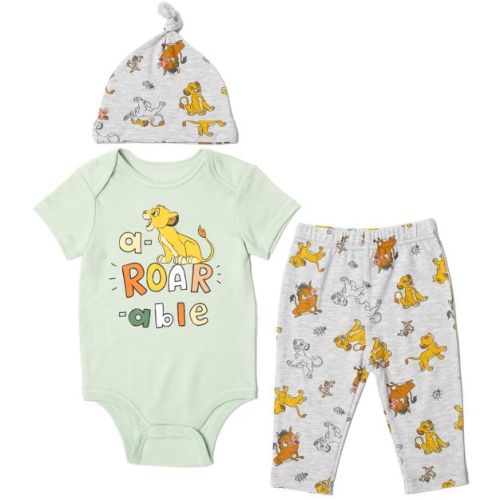 Disney Lion King Simba Pumbaa Timon Newborn Baby Boys 3 Piece Outfit Set: Cuddly Bodysuit Pants Hat gray / green Newborn