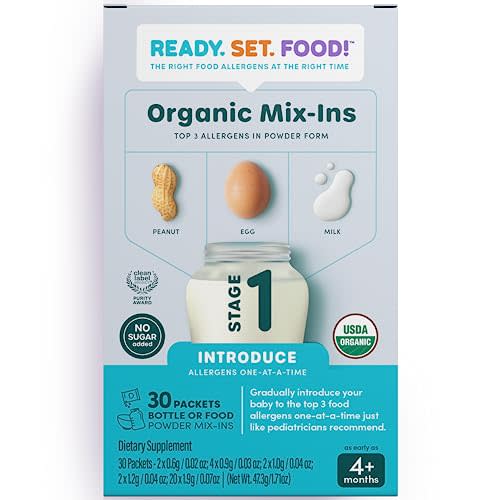 Stage 1 Mix-ins – Safe & Easy Early Allergen Introduction for Babies 4+ Months, Mix with Breastmilk, Formula & Baby Food, With 3 Top Allergens: Organic Peanuts, Milk & Eggs By Ready Set Food!(30 Days)