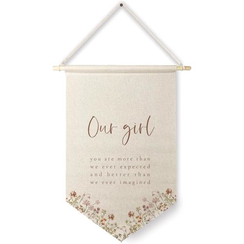 Qpenm Girls Room Decor, Our Girl You are More Than Our Expected Hanging Wall Canvas Banner, Boho Nursery Hanging Pennant Flag for Girl, Nursery Wall Decor,Posters & Prints