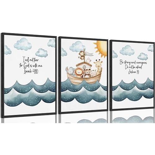 3Pcs Children's Bible Verse Wall Art Noahs Ark Nursery Painting picture Christian Inspirational Wall Decor Religious Educational Posters Prints for Kids Bedroom Classroom Home Decoration 12x16in