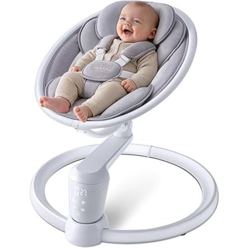 HARPPA Electric Baby Swings for Infants and Newborns, 5 Speeds and Remote Control 10 Built-in Melodies, 2 Seat Positions & 180° Rotation,Portable Baby Swing for Indoor Use,Dove Gray
