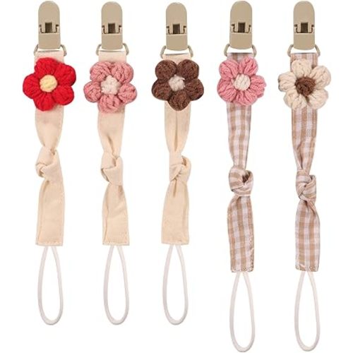 Baby's Breath 5 Pack Pacifier Clips with Adjustable Strap (14.5-18.3 in) - Handmade Boho Style Flower Design, Soft Textile Baby Holder Set for Girls, Neutral Colors for Any Outfit