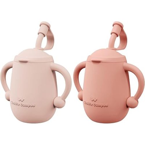 Cuddle Campus Pack of 2 Silicone Baby Training Cup, Shatterproof Toddler Sippy Cups with Straw, Open Cup for Baby, 6+ Months 5 Oz