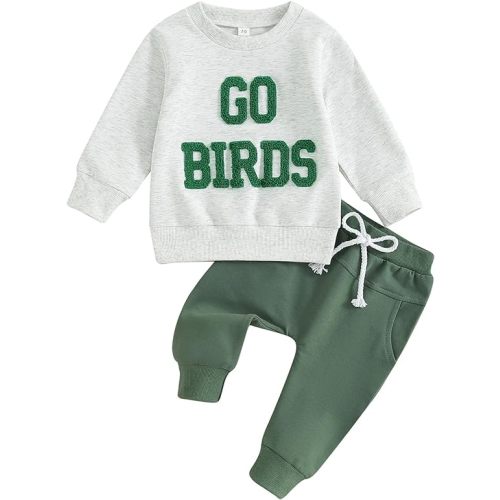 Toddler Baby Boy Girl Fall Winter Outfits Rugby Fuzzy Embroidered Sweatshirt Top Pants Football Game Day Clothes