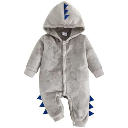 Baby Boys Dinosaur Outfit Fleece Bodysuit Infant One Piece Hooded Button Romper Outerwear Jumpsuit Toddler Jackets