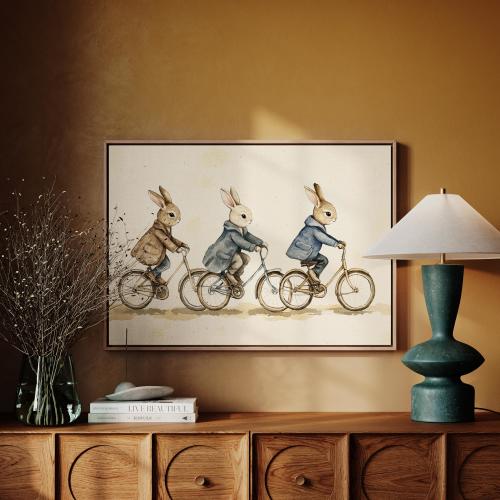 Whimsical Bunny Bicycle Ride – Nursery Animal Art Print, Woodland Rabbits in Coats, Cute Vintage Kids Room Wall Decor