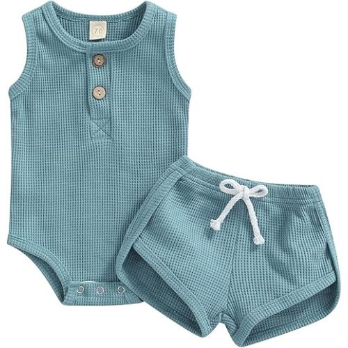 Ledy Champswiin Summer Newborn Baby Boy Girl Clothes Set Ribbed Outfits Unisex Infant Solid Short Sleeve Tops Shorts 2PCS