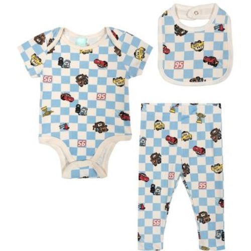 Disney Cars Baby Boys' Allover Print Ribbed Creeper Elastic Waist Pants and Bib Outfit McQueen Mater Blue Newborn