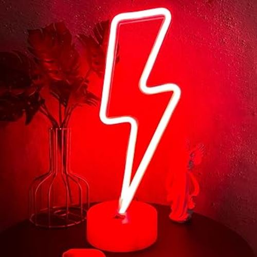 Lightning Bolt Neon Signs Red Lightning Neon Sign Light for Bedroom, USB/Battery Operated Thunder Lamp Neon Sign, Stand Lightning Shape LED Sign Decor for Shelf Desk Table Game Room Man Cave