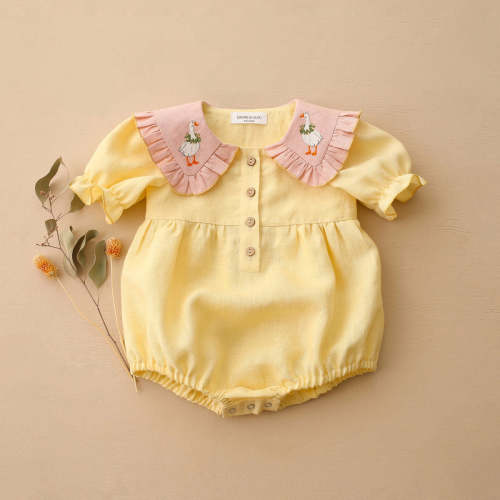 Buttercup Linen Short Sleeve Bubble Playsuit with Frilled Collar in Po – Dannie and Lilou