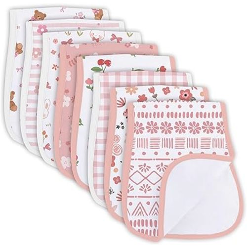 8 Pack Burp Cloths Organic Cotton, Pink Floral Baby Burp Cloths Girl, Absorbent Baby Burping Cloth, Soft Burping Cloth Set for Feeding, New Mom Gifts for Newborns Essentials Gift Set, 19”x9”