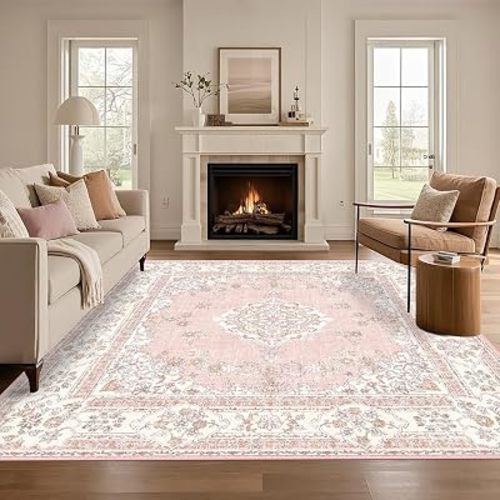 8x8 Square Pink Area Rug: Vintage Soft Washable Carpet Large Living Room