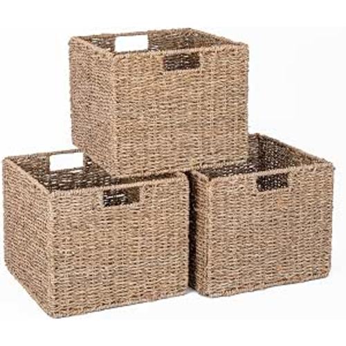 Seagrass Storage Baskets, 12X12X10in Cube Wicker Storage Basket for Shelves, Pantry Baskets Organization and Storage, Kitchen Storage Baskets, Bathroom Shelves Storage Basket Set of 3