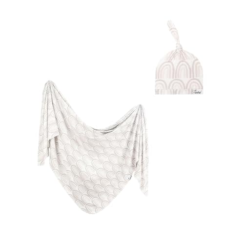 Copper Pearl Large Premium Knit Baby Swaddle Receiving Blanket and Baby Beanie Top Knot Hat Bundle | Bliss