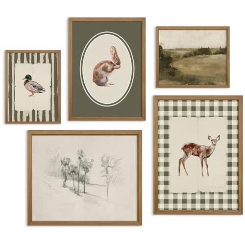 Vintage Nursery Wall Art Kids Canvas Poster Baby Boy Room Wall Decor Green Rabbit Wall Art Bunny Bird Prints Deer Picture Farmhouse Painting Nursery Artwork for Bedroom 8x10 Inch Wood Framed Set of 5