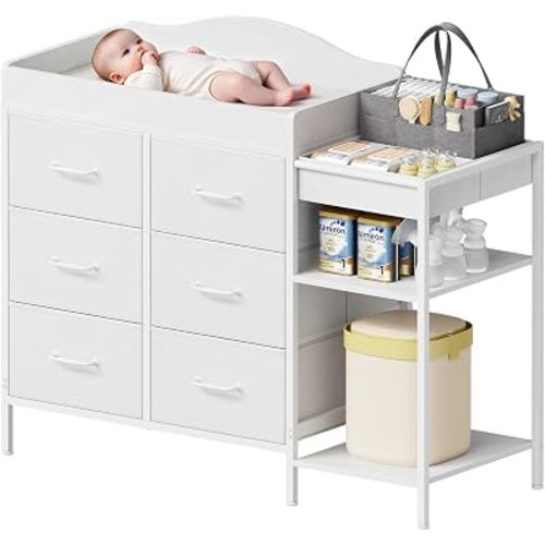 Baby Changing Table with 6 Boxes, Open Shelves & Diaper Caddy, White