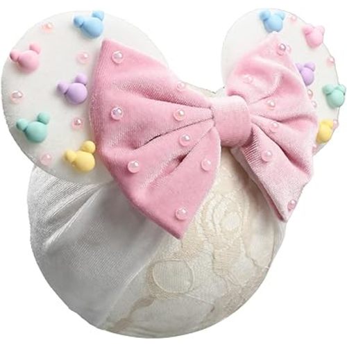 JIAHANG Baby Girl Velvet Mouse Ears Turban Headwrap with Beadings, Velvet Hair Bow Headband for Infant Toddlers Kids