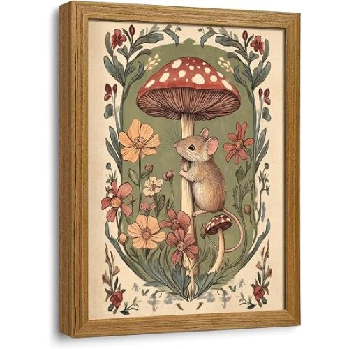 Framed Mushroom Mouse Wall Art Cottagecore Vintage Botanical Canvas Print
