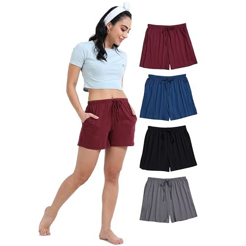 TREDECIM Womens 100% Organic Cotton Super Soft Comfy Pajama Lounge Shorts Elegant Sleepwear Pj Bottoms with pockets Pack of 4