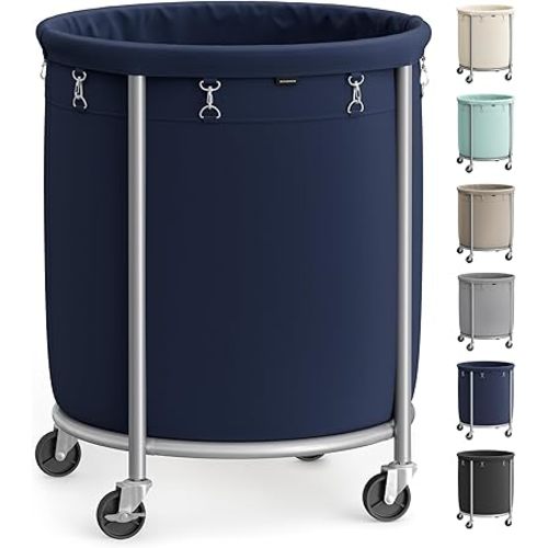 SONGMICS 50.2-Gallon (190 L) Laundry Basket with Wheels, Rolling Round Heavy-Duty Laundry Hamper Cart with Steel Frame and Removable Bag, 2 Locking Wheels, Charcoal Blue and Metallic Silver URLS001Q01