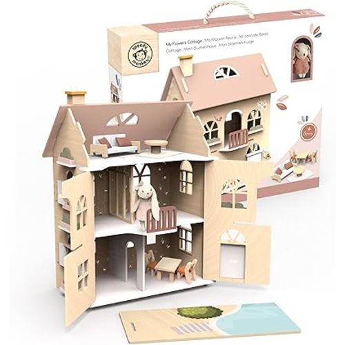 SPEEDY MONKEY Flowers Cottage Wooden Dollhouse with Starter Set for Kids