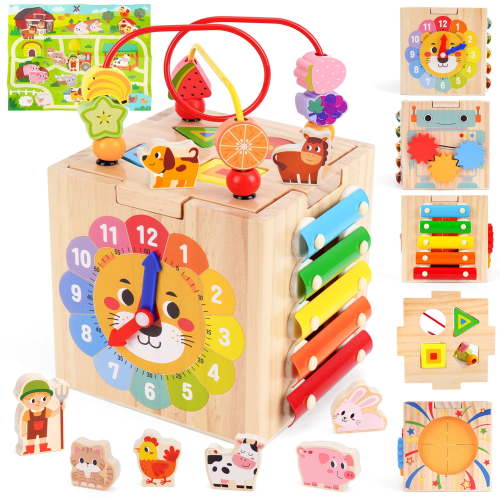 Wooden Activity Cube Baby Toys, Montessori Toys for 1 2 3 Year Old Toddler Boy Girl, Educational Learning Toys for Toddlers 1-3 2-4 Years, Sensory Infant Toys First Baby Birthday Gift