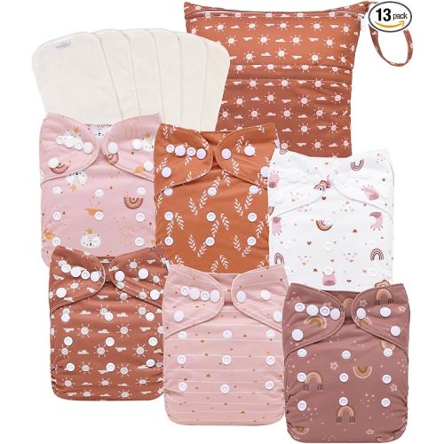 babygoal AWJ Cloth Diapers with Tummy Panel Pack of 13, 6 Diaper Cover with 6 Inserts and Wet Dry Bag, Adjustable Washable Reusable for Baby Girls and Boys
