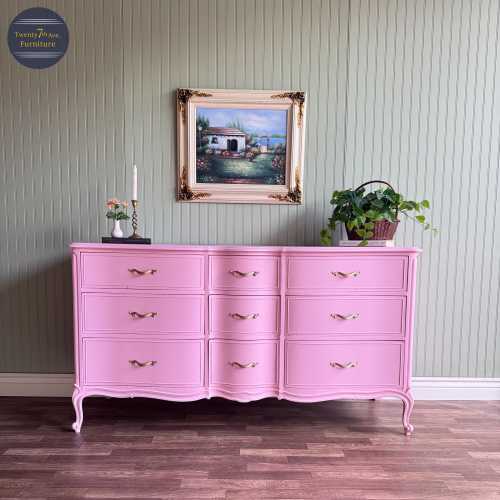 Light Pink Vintage French Provincial Dresser | Gold Hardware | 9 Drawer | Drexel | Restored Furniture