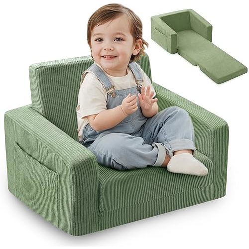 Toddler & Kids Chair, 2-in-1 Soft Toddler Convertible Sofa to Lounge, Green