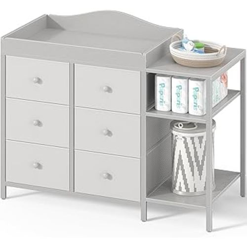 BOLUO Baby Dresser with Changing Table Top, Gray Changing Table Dresser with 6 Fabric Drawers Diaper Changing Station with Storage Shelf for Nursery Modern