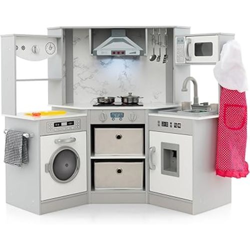 HONEY JOY Corner Kids Kitchen Playset, Wooden Play Kitchen for Toddlers, Range Hood, Water Circulation, Water Dispenser, Storage Box, Little Chef Pretend Toy Kitchen Set w/Lights & Sounds, Gray