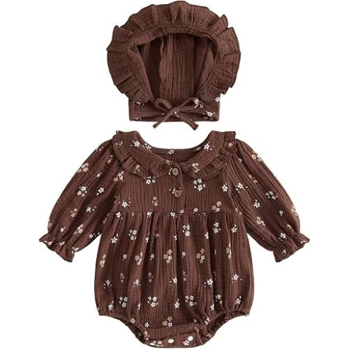 Newborn Coming Home Outfit Baby Girl Muslin Romper Bodysuit with Hat