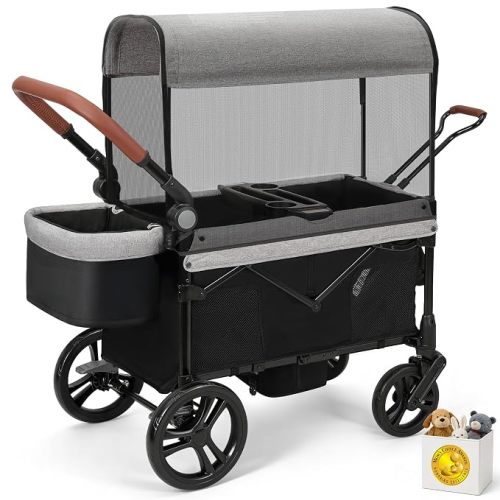 ELEMARA All-Terrain Stroller Wagon for 2 Kids, Foldable Kids Wagon Stroller Includes Removable Canopy,Mosquito net, Adjustable Push＆Pull Handle,Snack Tray & Cup Holders, Storage Basket, Grey+Black