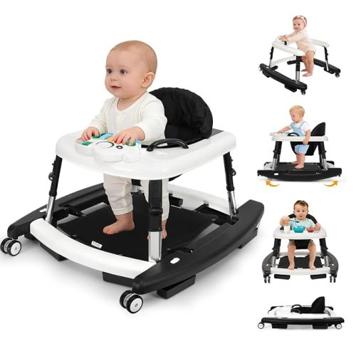 5-in-1 Baby Walker for Boys and Girls Music and Lights 6-18 Month, Foldable Baby Walkers with 5 Adjustable Heights, Infant Toddler Walker with Wheels and Combo Portable(Black)