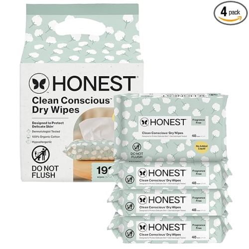 The Honest Company 100% Pure Organic Cotton Dry Wipes, Hypoallergenic, Multi-Use, Baby Facial Cloths, 192 Count