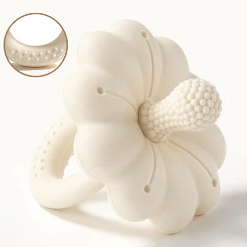 Baby Silicone Flower Teether Pacifier, Nipple-Shaped End Texture for Sucking Needs, Teething Relief, Chew Sensory Toys for Babies 0-6 6-12 Months, Hands-Free Design, BPA Free, Freezable -Beige