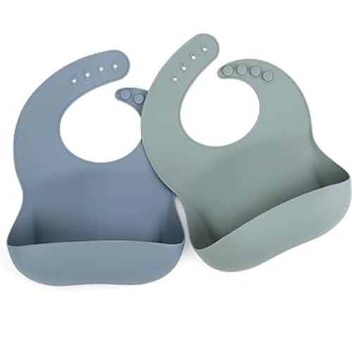 Ginbear Silicone Bibs for Babies Boy, Waterproof Baby Feeding Bibs with Food Catcher Pocket, Adjustable Silicon Bibs for Toddlers (Grayish Blue/Sage)