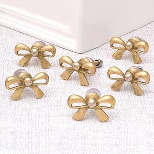 Indian Shelf 6 Pieces Brass Gold Bow Drawer Knobs for Kitchen Cabinet Hardware Nursery Door Decorative Tie Kids Dresser Knobs Pulls Premium Vintage