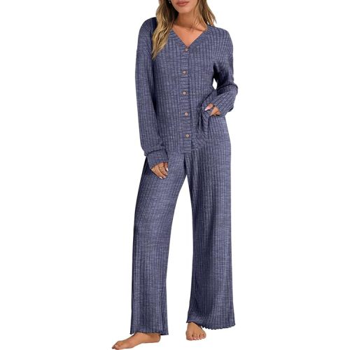 ANRABESS Women's 2 Piece Lounge Pajama Sets Ribbed Long Sleeve Button Top Matching Pants Sleepwear PJ Set 2025 Fall Outfits