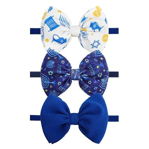 YanJie 3Pcs 4.5'' Happy Hanukkah Baby Bows for Girls Dreidel Headbands for Infant Toddlers Blue Hair Bow Accessories Jewish Outfits for Girl Baby Hair Accessory Gift