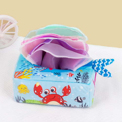 7.5-inch Baby Tissue Box Sensory Toy with Teether - Soft Stuffed Crinkle Paper & High Contrast Scarves, Early Learning Montessori Educational Gift for Newborn Infant Blue