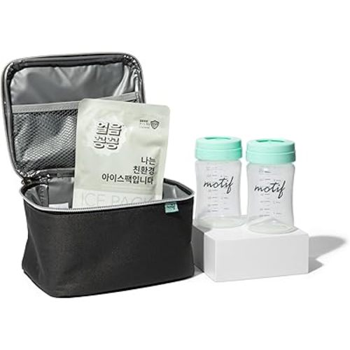 Motif Medical Luna Breast Milk Storage Cooler Set - Insulated Bag w/ 2 Containers & Ice Pack - Breast Milk Travel Bag for On-The-Go Moms - Perfect for Work, Travel & Vacation (Black)