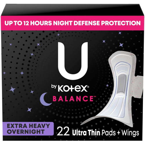 U by Kotex Balance Ultra Thin Overnight Pads with Wings, Extra Heavy Absorbency, 22 Ct HSA/FSA Eligible
