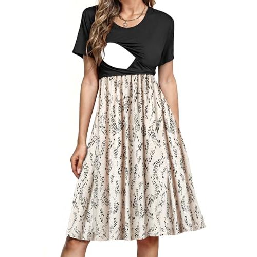 PARNIXS Women's Nursing Dress Summer Short Sleeve Patchwork Pregnancy Clothes with Pockets