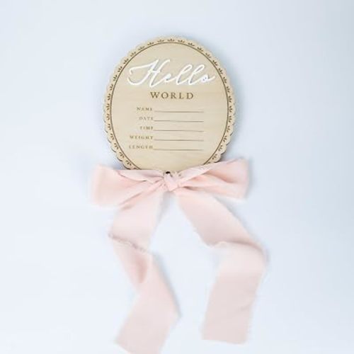 Baby Announcement Sign 6.5 Inch Wooden Hello World Newborn Welcome Sign Birth Name Plaques for Photo Props Shower Hospital Nursery (Pink)