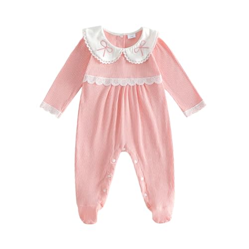 Newborn Baby Girl Outfit Doll Collar Lace Trim Bow Embroidery Long Sleeve Footies Ribbed Knit Romper Infant Jumpsuit