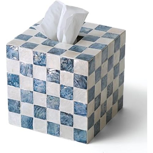 5.7" Square Tissue Box Cover, Handmade Checkered Cube Tissue Box Cover with Capiz Shells, Decorative Tissue Holder for Living Room, Bathroom, Bedroom or Office (Navy Blue)