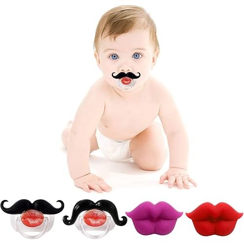 4-Pack Funny Baby Pacifier, Cute Lips Mustache for Babies 0-12 Months, Orthodontic Silicone Nipple, Silicone Binkies, BPA-Free, Gift for Newborns, Infants, Toddlers