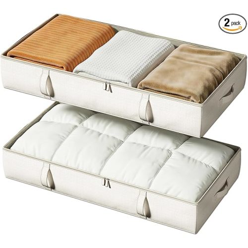 Vailando Side-Supported Under Bed Storage Containers, 6 Inches Tall 60L Underbed Storage Bins with Sturdy Handles and Sidewalls, Closet Organizer for Clothes, Blankets, Seasonal Items, Beige, 2-Pack