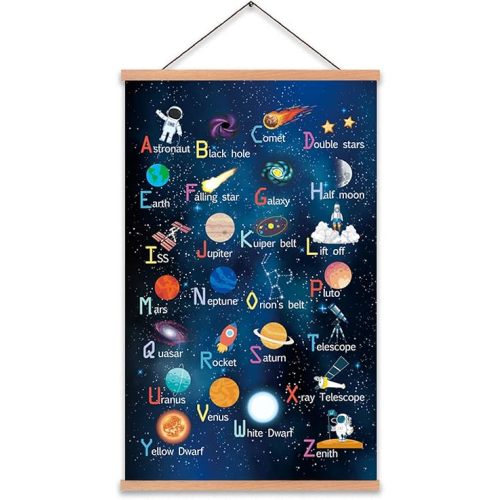 KAIRNE Outer Space Art Print with Wood Magnetic Poster Hanger Frame, Astronomy Alphabet Letters Canvas Wall Art,Abstract Universe Educational Poster,35X56CM Hanging Painting for Home Classroom Decor
